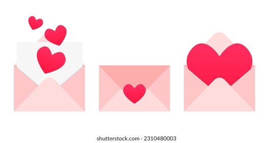 Mail envelope icon set with marker new message. Render email notification with letters, paper plane. Love letter. There is a card with a heart in the envelope. Romantic letter. Vector illustration