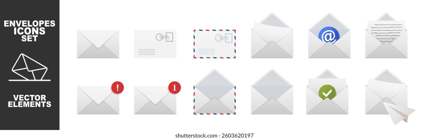 Mail envelope icon set on transparent background. Notification, message or email vector icon set. Envelope message icon collection