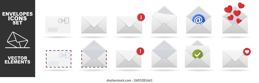Mail envelope icon set on transparent background. Notification, message or email vector icon set. Envelope message icon collection