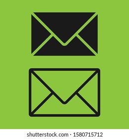 Mail envelope icon set. Outline and black letter silhouette. Flat e-mail Inbox symbol. Isolated on green background. Vector illustration image.