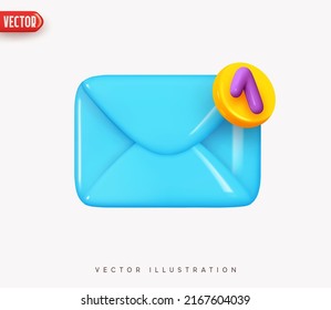 Mail envelope icon with sing unread notification. Envelope letter paper. Send post messages social media element. Realistic 3d symbol email. Isolated object on gray background. vector illustration