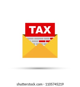 Mail envelope icon with tax form. Concept tax reports and calculation of tax return. Payment of debt. Vector stock illustration.