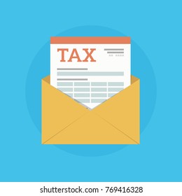 Mail envelope icon with tax form. Concept tax reports and calculation of tax return. Payment of debt. Vector illustration in flat style.