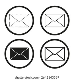 Mail envelope icons. Circular message symbols. Open closed variations. Vector communication set.