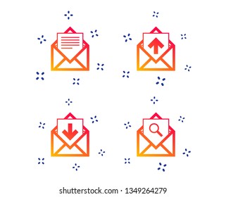 Mail envelope icons. Find message document symbol. Post office letter signs. Inbox and outbox message icons. Random dynamic shapes. Gradient mail icon. Vector