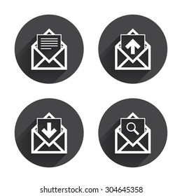 Mail envelope icons. Find message document symbol. Post office letter signs. Inbox and outbox message icons. Circles buttons with long flat shadow. Vector