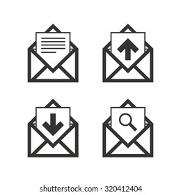 Mail envelope icons. Find message document symbol. Post office letter signs. Inbox and outbox message icons. Flat icons on white. Vector