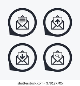 Mail envelope icons. Find message document symbol. Post office letter signs. Inbox and outbox message icons. Flat icon pointers.
