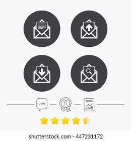 Mail envelope icons. Find message document symbol. Post office letter signs. Inbox and outbox message icons. Chat, award medal and report linear icons. Star vote ranking. Vector
