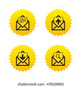 Mail envelope icons. Find message document symbol. Post office letter signs. Inbox and outbox message icons. Yellow stars labels with flat icons. Vector