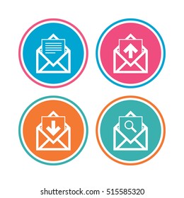 Mail envelope icons. Find message document symbol. Post office letter signs. Inbox and outbox message. Colored circle buttons. Vector