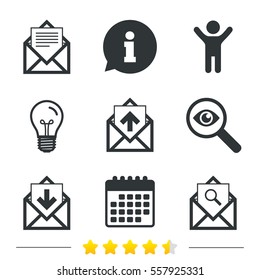 Mail envelope icons. Find message document symbol. Post office letter signs. Inbox and outbox message icons. Information, light bulb and calendar icons. Investigate magnifier. Vector