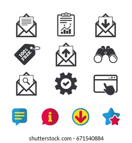 Mail envelope icons. Find message document symbol. Post office letter signs. Inbox and outbox message icons. Browser window, Report and Service signs. Binoculars, Information and Download icons