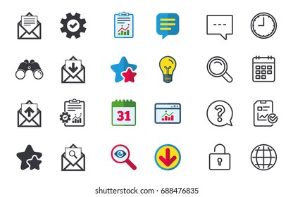 Mail envelope icons. Find message document symbol. Post office letter signs. Inbox and outbox message icons. Chat, Report and Calendar signs. Stars, Statistics and Download icons. Vector