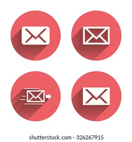 Mail envelope icons. Message delivery symbol. Post office letter signs. Pink circles flat buttons with shadow. Vector