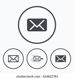 Mail envelope icons. Message delivery symbol. Post office letter signs. Icons in circles.