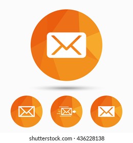 Mail envelope icons. Message delivery symbol. Post office letter signs. Triangular low poly buttons with shadow. Vector