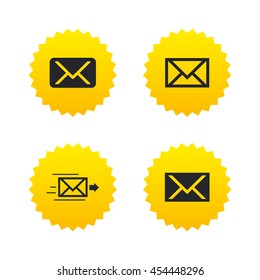 Mail envelope icons. Message delivery symbol. Post office letter signs. Yellow stars labels with flat icons. Vector