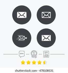Mail envelope icons. Message delivery symbol. Post office letter signs. Chat, award medal and report linear icons. Star vote ranking. Vector