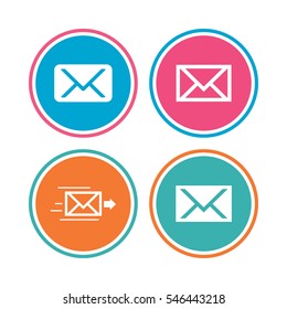 Mail envelope icons. Message delivery symbol. Post office letter signs. Colored circle buttons. Vector