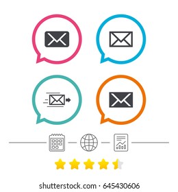 Mail envelope icons. Message delivery symbol. Post office letter signs. Calendar, internet globe and report linear icons. Star vote ranking. Vector