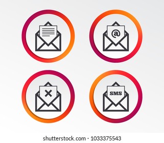 Mail envelope icons. Message document symbols. Post office letter signs. Delete mail and SMS message. Infographic design buttons. Circle templates. Vector