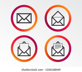 Mail envelope icons. Message document symbols. Post office letter signs. Infographic design buttons. Circle templates. Vector