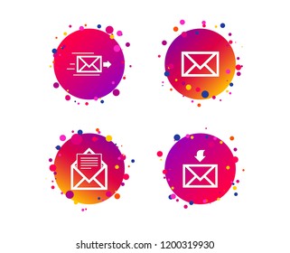 Mail envelope icons. Message document delivery symbol. Post office letter signs. Inbox and outbox message icons. Gradient circle buttons with icons. Random dots design. Vector