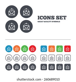 Mail envelope icons. Message document symbols. Post office letter signs. Delete mail and SMS message. Web buttons set. Circles and squares templates. Vector