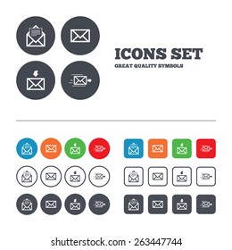 Mail envelope icons. Message document delivery symbol. Post office letter signs. Inbox and outbox message icons. Web buttons set. Circles and squares templates. Vector