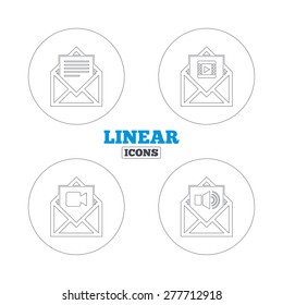 Mail envelope icons. Message document symbols. Video and Audio voice message signs. Linear outline web icons. Vector