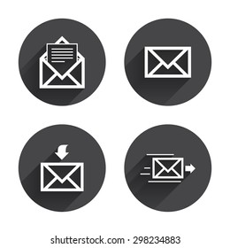 Mail envelope icons. Message document delivery symbol. Post office letter signs. Inbox and outbox message icons. Circles buttons with long flat shadow. Vector