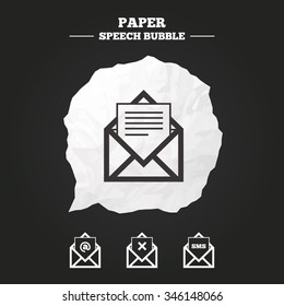 Mail envelope icons. Message document symbols. Post office letter signs. Delete mail and SMS message. Paper speech bubble with icon.