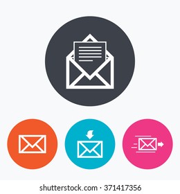 Mail envelope icons. Message document delivery symbol. Post office letter signs. Inbox and outbox message icons. Circle flat buttons with icon.