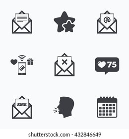 Mail envelope icons. Message document symbols. Post office letter signs. Delete mail and SMS message. Flat talking head, calendar icons. Stars, like counter icons. Vector