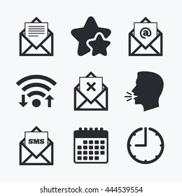 Mail envelope icons. Message document symbols. Post office letter signs. Delete mail and SMS message. Wifi internet, favorite stars, calendar and clock. Talking head. Vector