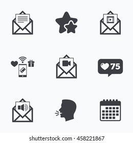 Mail envelope icons. Message document symbols. Video and Audio voice message signs.