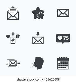 Mail envelope icons. Message document delivery symbol. Post office letter signs. Inbox and outbox message icons. Flat talking head, calendar icons. Stars, like counter icons. Vector