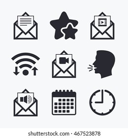 Mail envelope icons. Message document symbols. Video and Audio voice message signs. Wifi internet, favorite stars, calendar and clock. Talking head. Vector