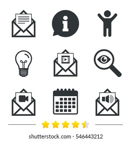 Mail envelope icons. Message document symbols. Video and Audio voice message signs. Information, light bulb and calendar icons. Investigate magnifier. Vector