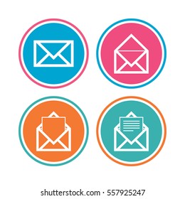 Mail envelope icons. Message document symbols. Post office letter signs. Colored circle buttons. Vector