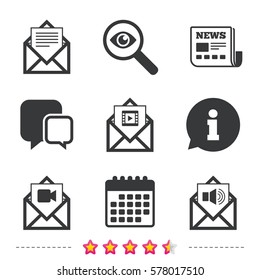 Mail envelope icons. Message document symbols. Video and Audio voice message signs. Newspaper, information and calendar icons. Investigate magnifier, chat symbol. Vector