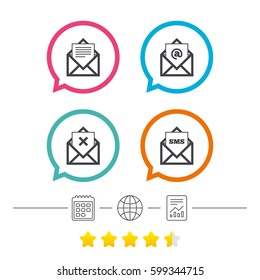Mail envelope icons. Message document symbols. Post office letter signs. Delete mail and SMS message. Calendar, internet globe and report linear icons. Star vote ranking. Vector