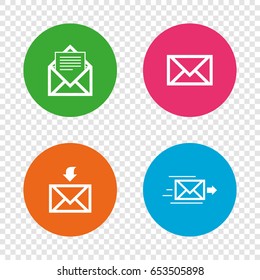 Mail envelope icons. Message document delivery symbol. Post office letter signs. Inbox and outbox message icons. Round buttons on transparent background. Vector