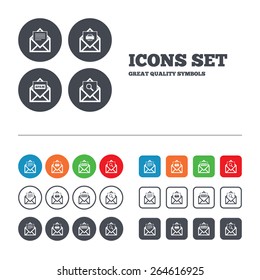 Mail envelope icons. Print message document symbol. Post office letter signs. Spam mails and search message icons. Web buttons set. Circles and squares templates. Vector