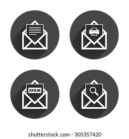 Mail envelope icons. Print message document symbol. Post office letter signs. Spam mails and search message icons. Circles buttons with long flat shadow. Vector
