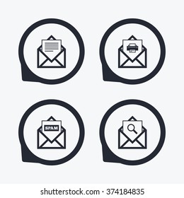 Mail envelope icons. Print message document symbol. Post office letter signs. Spam mails and search message icons. Flat icon pointers.