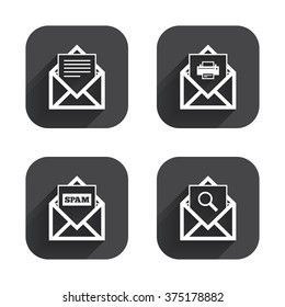 Mail envelope icons. Print message document symbol. Post office letter signs. Spam mails and search message icons. Square flat buttons with long shadow.