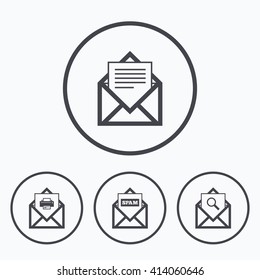 Mail envelope icons. Print message document symbol. Post office letter signs. Spam mails and search message icons. Icons in circles.
