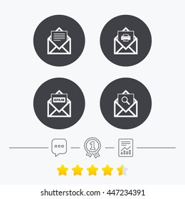 Mail envelope icons. Print message document symbol. Post office letter signs. Spam mails and search message icons. Chat, award medal and report linear icons. Star vote ranking. Vector